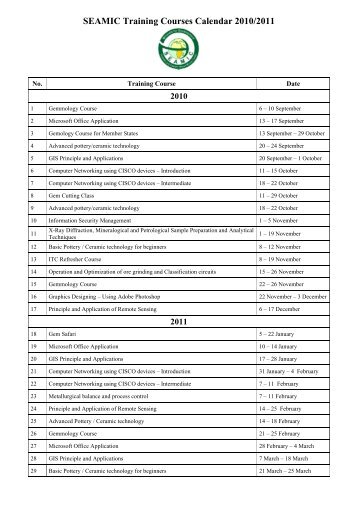 SEAMIC Training Courses Calendar 2010/2011