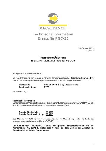 Technische Information Ersatz für PGC-25 - MECAFRANCE