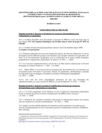 QUESTIONNAIRE sur la MISE en ŒUVRE du PLAN d ... - FAO