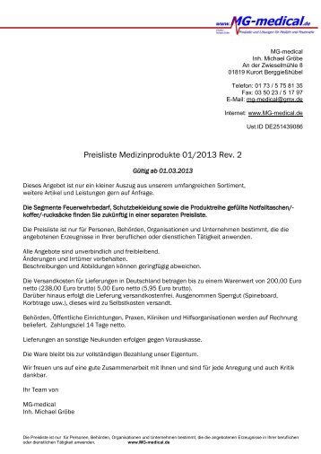 Unsere neue Preisliste, gültig ab 01.03.2013, ist online. - MG-medical