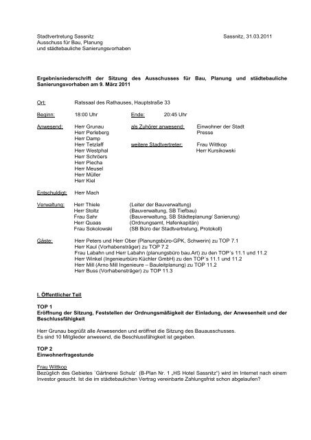 Ergebnisniederschrift der Sitzung des Ausschusses für ... - Sassnitz