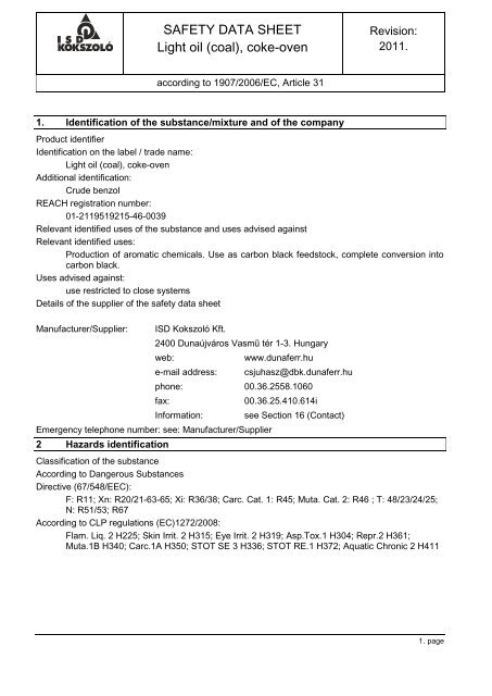 SAFETY DATA SHEET Light oil (coal), coke-oven - Dunaferr