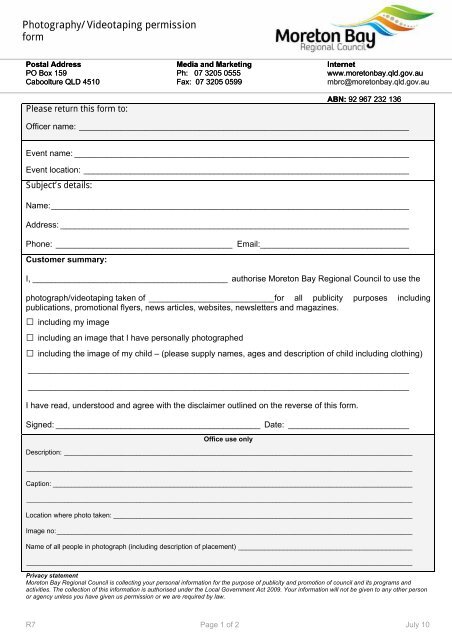Photography videotaping permission form - Moreton Bay Regional ...