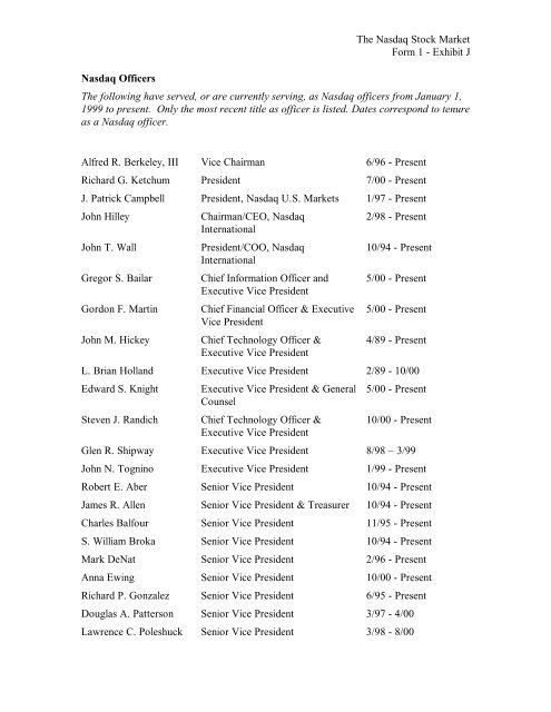The Nasdaq Stock Market Form 1 Exhibit J Nasdaq Officers The