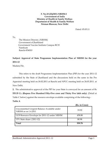 Jharkhand: Administrative Approval 2011-12 Page 1 F. No.10 (22 ...