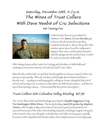 Saturday, December 29th Trust Cellars Tasting Notes