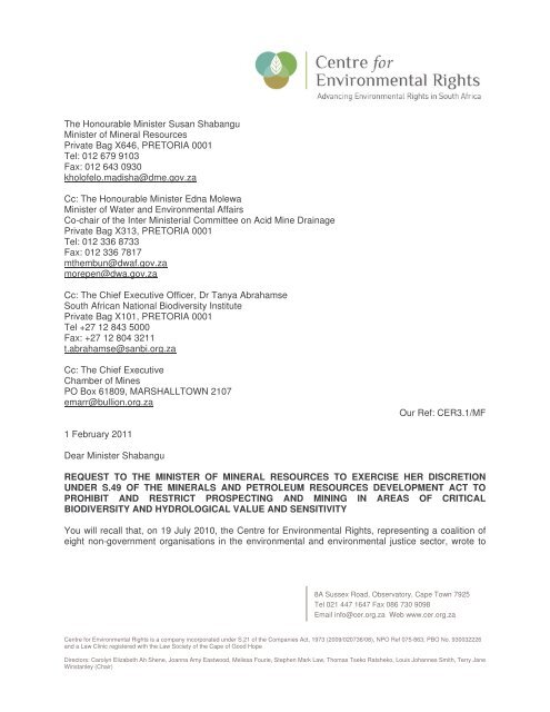 CER Letter to Minister Shabangu re MPRDA s49 - 1 Feb 2011