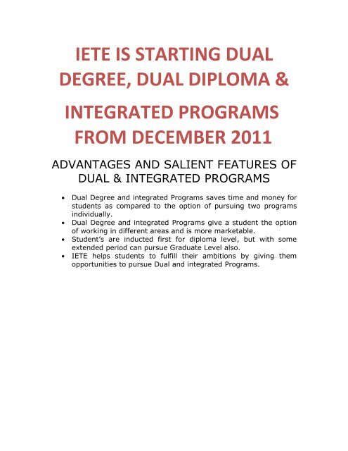 Dual Degree/ Diploma/ Integrated Programs - IETE