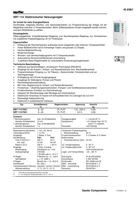 43.038/1 Sauter Components NRT 114: Elektronischer Heizungsregler