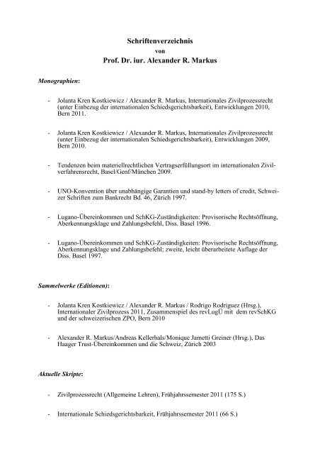 Schriftenverzeichnis Prof. Dr. iur. Alexander R. Markus - Institut fÃ¼r ...