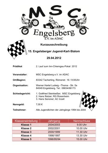 Kurzausschreibung 15. Engelsberger Jugend-Kart-Slalom 29.04.2012