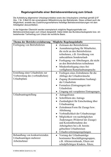 Betriebsvereinbarung zum Urlaub - Weka Media