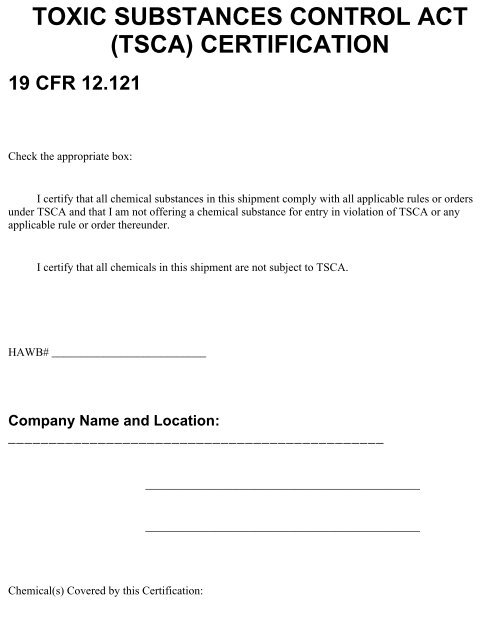 TOXIC SUBSTANCES CONTROL ACT TSCA CERTIFICATION DHL