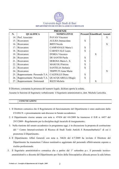 Verbale Consiglio 06-2009 - Dipartimento di Studi classici e cristiani