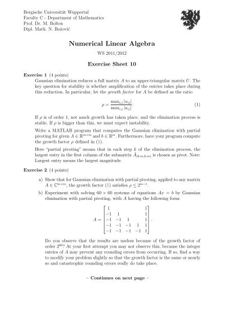 Exercise Sheet 10 - Bergische UniversitÃ¤t Wuppertal