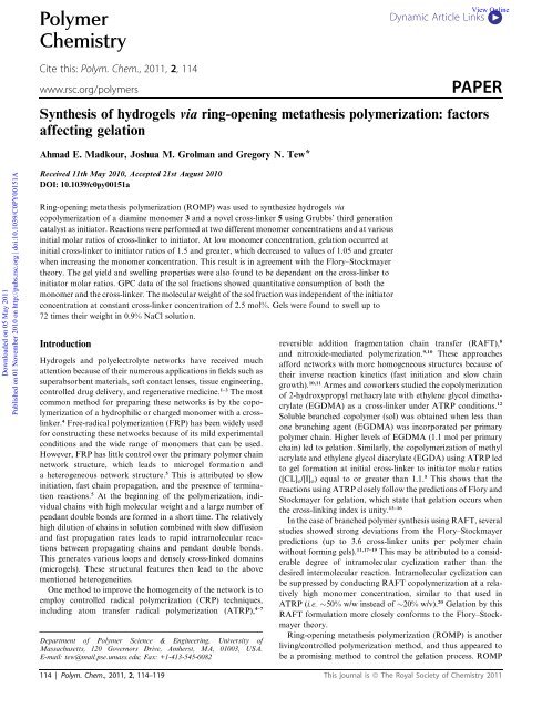 Synthesis of hydrogels via ring-opening metathesis polymerization