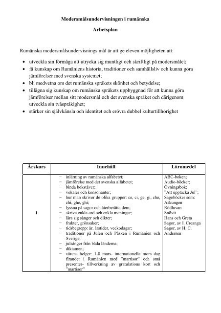 ModersmÃ¥lsundervisningen i rumÃ¤nska Arbetsplan RumÃ¤nska ...