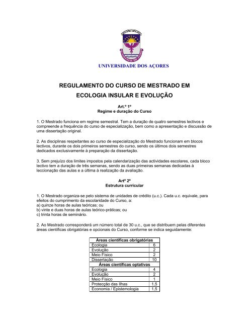 Regulamento Do Curso De Mestrado Em Ecologia Insular E Evolua A O