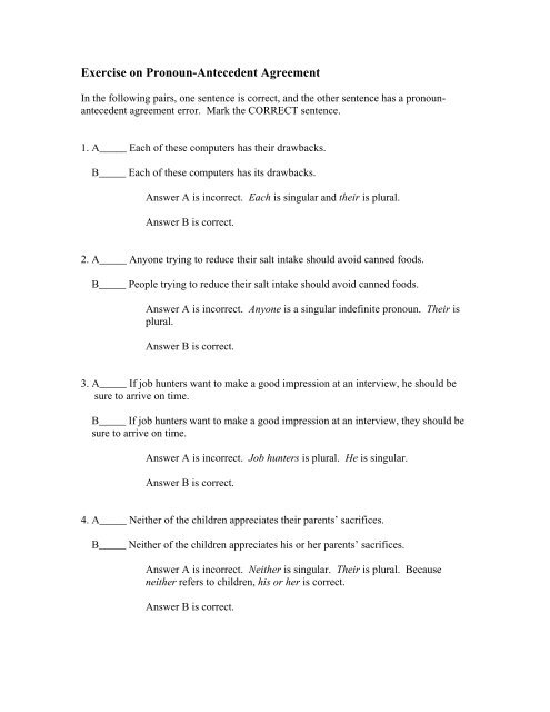 Exercise On Pronoun Antecedent Agreement Errors With Answers