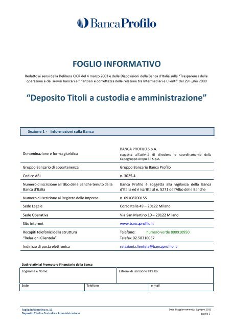 Deposito Titoli a custodia e amministrazione - Banca Profilo