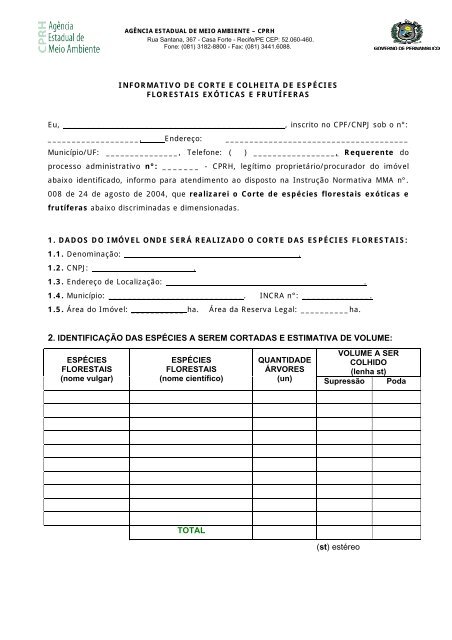 relao de documentos bsicos para o licenciamento florestal - CPRH