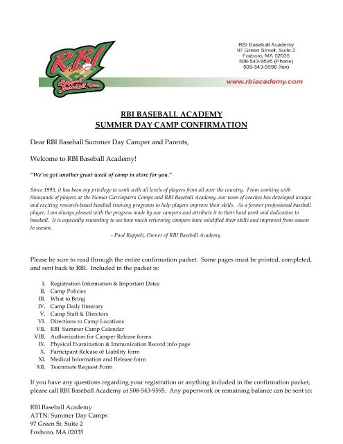 Summer Day Camp Confirmation Packet Rbi Baseball Academy