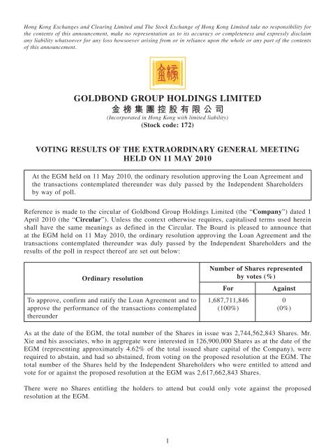 Results of Extraordinary General Meeting - goldbond group
