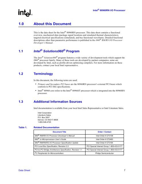 IntelR 80960 RN I/O Processor Datasheet