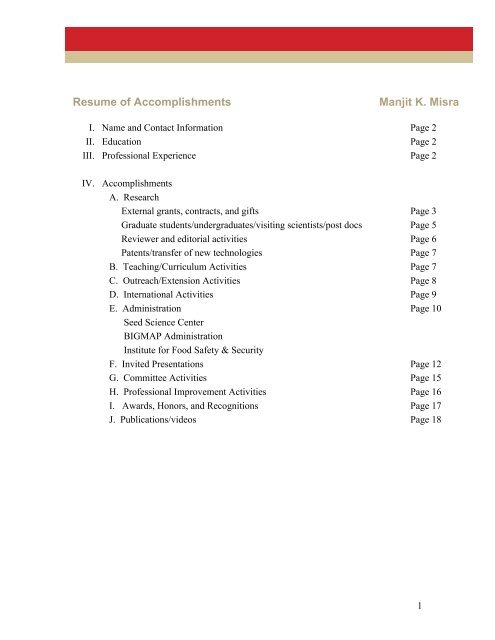 Resume of Accomplishments Manjit K. Misra - Seed Science Center