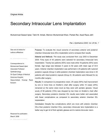 Secondary Intraocular Lens Implantation