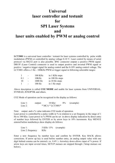 Universal laser controller and testunit for SPI Laser ... - mcamicro.de