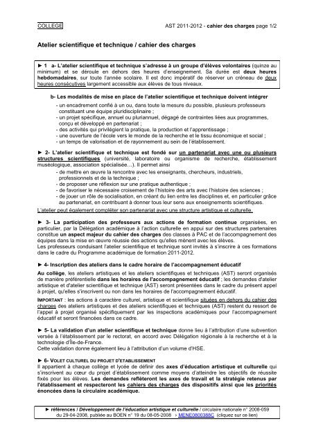 Atelier scientifique et technique / cahier des charges - Education ...