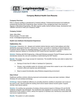 Company Medical Health Care Resume - ESX Engineering