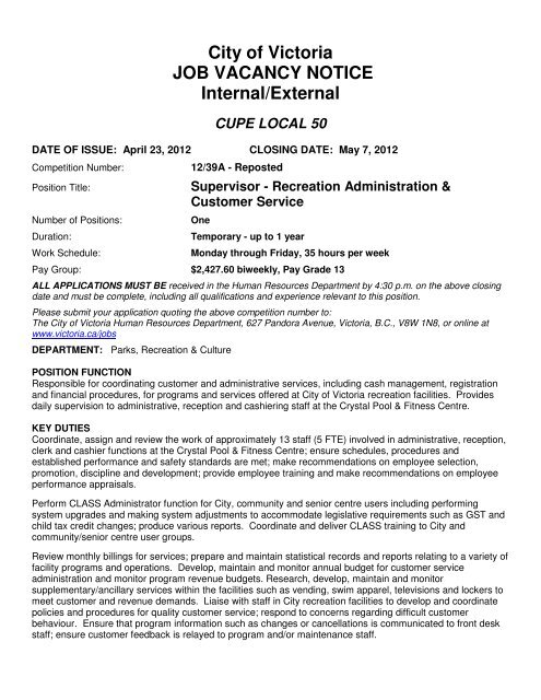 City Of Victoria Job Vacancy Notice Internal External