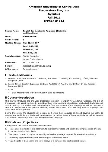 I Texts & Materials II Course description III Goals and Objectives