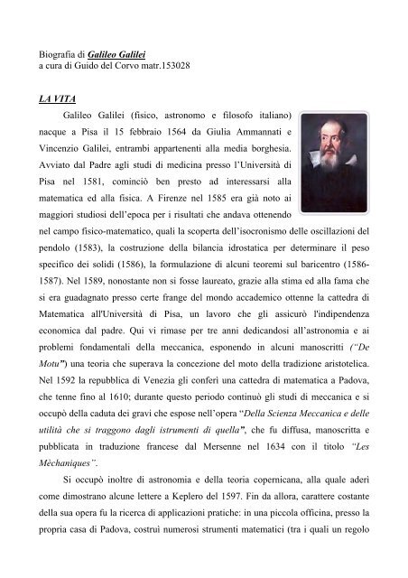 Biografia di Galileo Galilei a cura di Guido del Corvo matr.153028 ...
