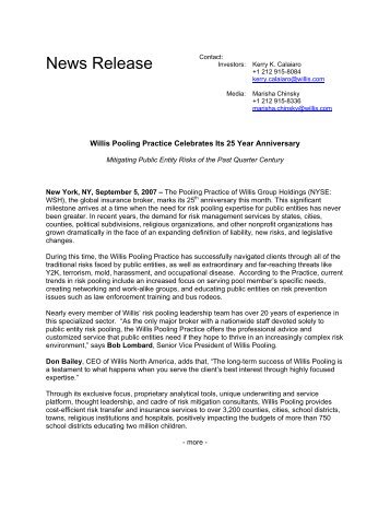 Willis Pooling Practice Celebrates Its 25 Year Anniversary Mitigating ...