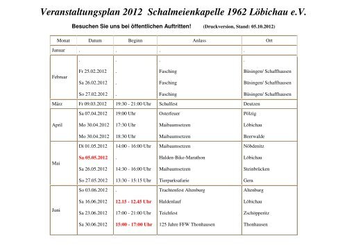 Veranstaltungsplan 2012 Schalmeienkapelle 1962 Löbichau e.V.