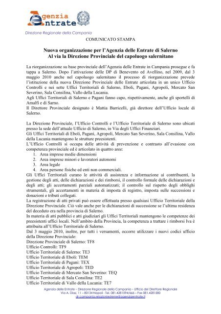 Comunicato stampa del 29 aprile 2010: attivazione DP Salerno