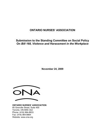 Submission on Bill 168 - Ontario Nurses' Association