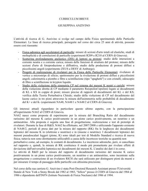 CURRICULUM BREVE GIUSEPPINA ANZIVINO L'attivitÃ  di ... - INFN