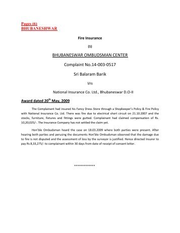 BHUBANESWAR OMBUDSMAN CENTER Complaint ... - Gbic.co.in