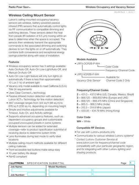 Lutron Wireless Ceiling Mount Sensor Spec Sheet - LED Source