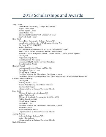 2013 Scholarships and Awards - Rainier Christian Schools