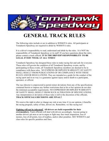 GENERAL TRACK RULES - Tomahawk Speedway