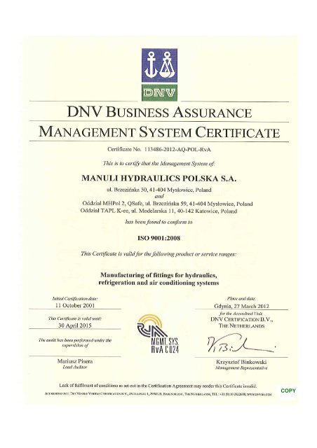 ISO 9001:2008 - Manuli Hydraulics