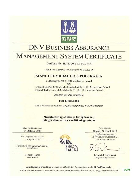 ISO 14001:2004 - Manuli Hydraulics