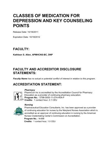 classes of medication for depression and key counseling points
