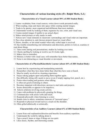 Characteristics of various learning styles (Fr. Ralph Metts, S.J.)