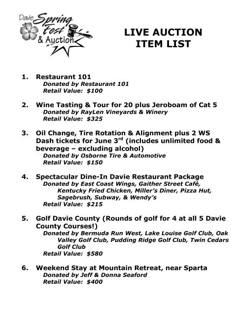 LIVE AUCTION ITEM LIST - Davie County Chamber of Commerce